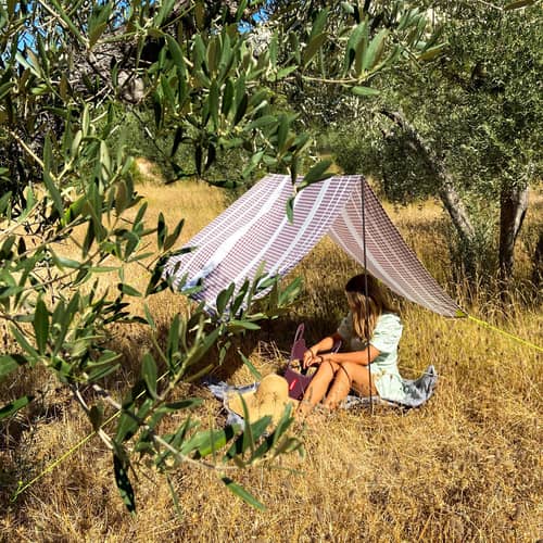Tente de plage Miasun tissu beige / Pliable & nomade - 150 x 220 cm - Fatboy - Biarritz / Rayé Taupe - Aluminium, Coton