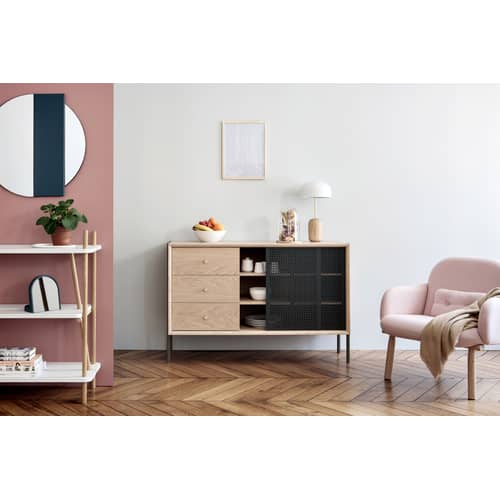 Buffet Gabin métal gris bois naturel / Haut - 3 tiroirs - L 120 cm - Hartô - Ardoise / Chêne - Bois peint, Laiton, MDF plaqué chêne, Métal perforé