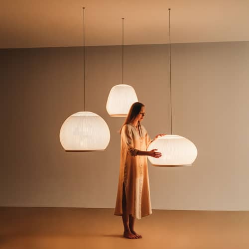 Knit LED Pendant textile beige / Ø 65 cm x H 39 cm - Knitted - Vibia - Ø 65 cm x H 39 cm - 3D knitted Lycra®, ABS, PMMA