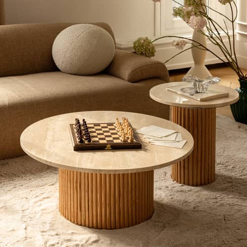 Oviedo Coffee table stone beige / Ø 80 cm - Travertine - NV GALLERY - Beige Travertine / Oak - Oak, Travertine