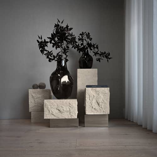 Table d\'appoint Temple Tall pierre blanc / 33 x 32 x H 50 cm - Calcaire - 101 COPENHAGEN - Tall / Sable - Calcaire
