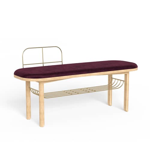 Banc rembourré Eustache tissu bois rouge / L 120 cm - Velours - Hartô - Bordeaux - Chêne massif, Laiton brossé, MDF, Mousse, Velours polyester