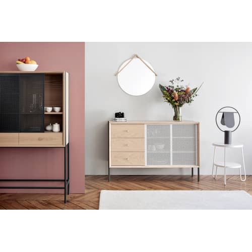 Buffet Gabin métal gris bois naturel / Haut - 3 tiroirs - L 120 cm - Hartô - Ardoise / Chêne - Bois peint, Laiton, MDF plaqué chêne, Métal perforé