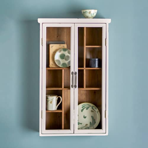Hazem Wall storage wood white / Compartmentalized display case - W 50 x D 14 x H 80 cm - Bloomingville - Antique white - Fir-tree, Soak glass