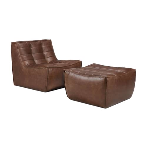 Pouf N701 pelle marrone / 70 x 70 cm - Ethnicraft - Castagno - Legno, Pelle anilina, Schiuma PU ad alta densità