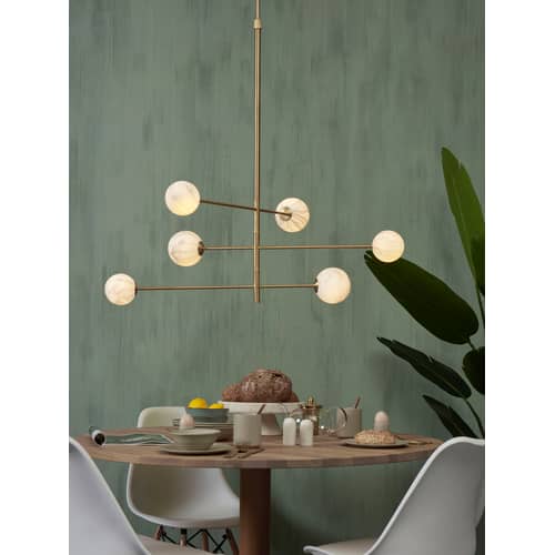 Suspension Carrara métal blanc or / 3 bras & 6 globes - Verre effet marbre / L 99 x H 95 cm / Seconde vie - It\'s about Romi - Blanc effet marbre / Or - Métal, Verre
