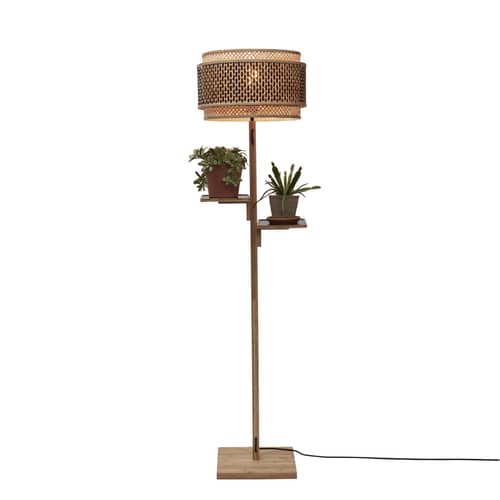 Lampada a stelo Bhutan fibre legno beige bambù & legno naturale / 2 mensole - H 160 cm - GOOD&MOJO - Base in legno naturale - Bambù, Bambù intrecciato, Ferro