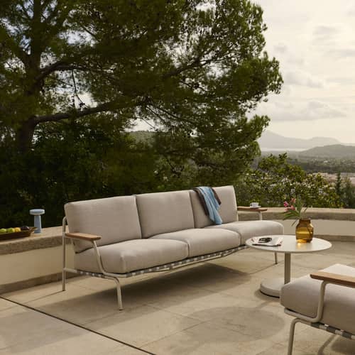 Gartensofa 3-Sitzer Settle textil weiß / L 218,5 cm - Muuto - Grau / Ungebleichter Stoff (Laze 1) - , Mahagoni, Polyester-Gurtband, Schaumstoff, Stahl