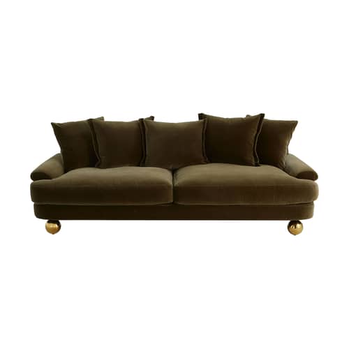 Canapé droit Greenwich vert / L 220 cm - Velours - Jonathan Adler - Vert Sauge (velours Vincenza) - Laiton, Mousse, Velours