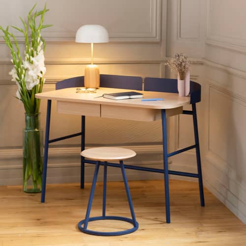 Victor Desk blue natural wood oak & blue metal / L 100 x D 59 cm - Hartô - Matt blue / Oak - Lacquered metal, MDF veneer oak