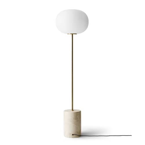 Lampada a stelo JWDA vetro pietra bianco oro / vetro & pietra - Audo Copenhagen - Bianco & ottone / Pietra beige - Ottone spazzolato, Travertino, Vetro soffiato a bocca
