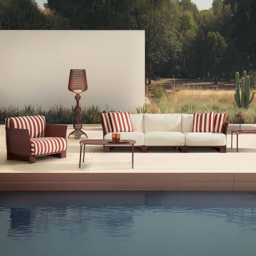Poltrona imbottita Pop Outdoor Monoblock materiale plastico tessuto rosso - Kartell - Bordeaux a righe / Bordeaux a struttura - policarbonato, Poliuretano espanso, Tessuto da esterno