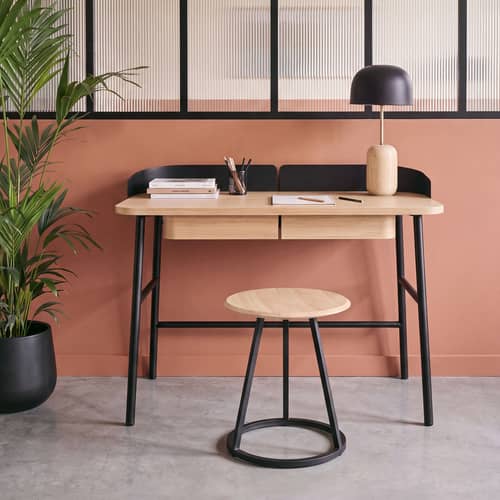 Schreibtisch Victor holz natur / B 100 cm x T 59 cm - Hartô - Schwarz / Eiche - eichenfurnierte Holzfaserplatte, lackiertes Metall