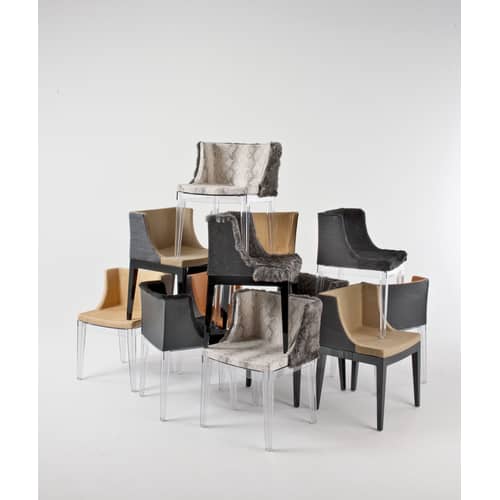 Fauteuil rembourré Mademoiselle Kravitz cuir tissu noir /Cuir tressé - Kartell - Structure noire / Assise fourrure noire / Dossier cuir tressé no - Cuir, Fourrure synthétique, Polycarbonate