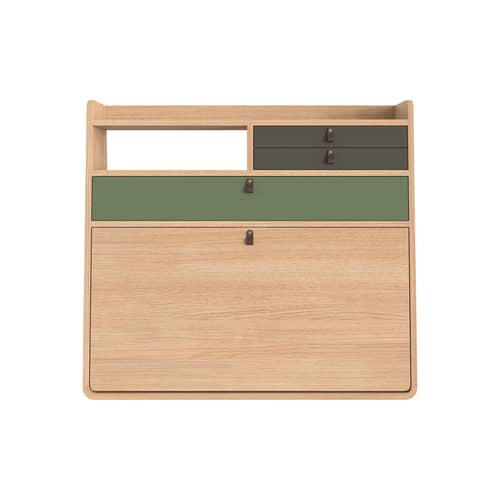 Secrétaire mural Gaston bois vert / L 80 x H 72 cm - Chêne - Hartô - Vert cendré & sauge / Chêne - Cuir, MDF laqué, MDF plaqué chêne