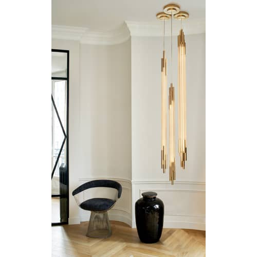 Suspension ORG Vertical Large verre blanc / LED -H 200 cm - DCW éditions - L 200 cm / Blanc & laiton - Aluminium anodisé, Verre opalin