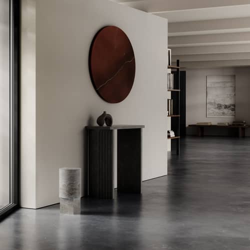 Console Arc / Plateau travertin - L 70 x P 30 x H 80 cm - 101 COPENHAGEN - Travertin gris / Café - Béton fibré, Travertin
