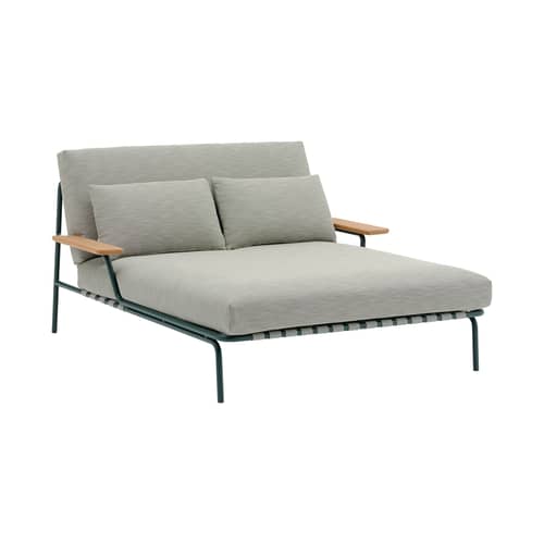 Bain de soleil double Settle tissu vert - Muuto - Vert clair (tissu Ribbed Weave 2) - Acier, Bois de sapele acajou, Mousse, Sangles, Tissu outdoor