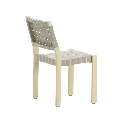 Chaise empilable 611 tissu beige / Alvar Aalto, 1929 - Sangles en lin - ARTEK - Sangles naturel & noir / Structure bouleau - Bouleau massif, Sangles en lin