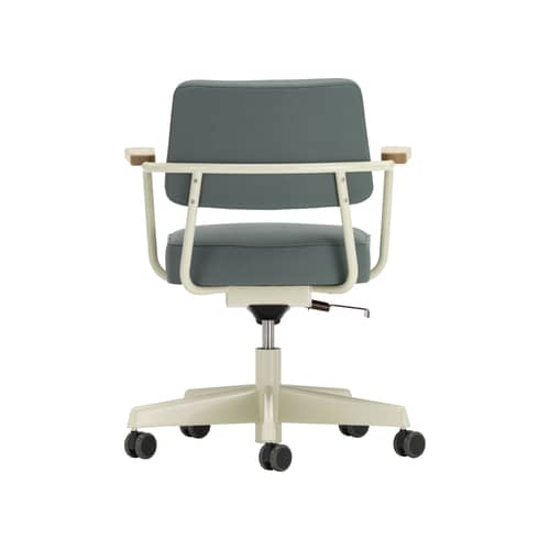 Poltrona a rotelle Fauteuil Direction Pivotant metallo tessuto verde grigio / Jean Prouvé, 1951 - Vitra - Tessuto grigio-verde (Twill 17) / Bianco e rovere - Acciaio, Rovere massello, Schiuma di poliuretano, Tessuto