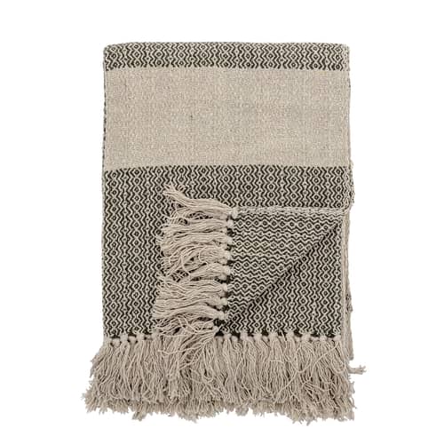 Plaid  tissu vert beige / 160 x 130 cm - Coton recyclé - Bloomingville - Vert foncé & beige - Coton recyclé