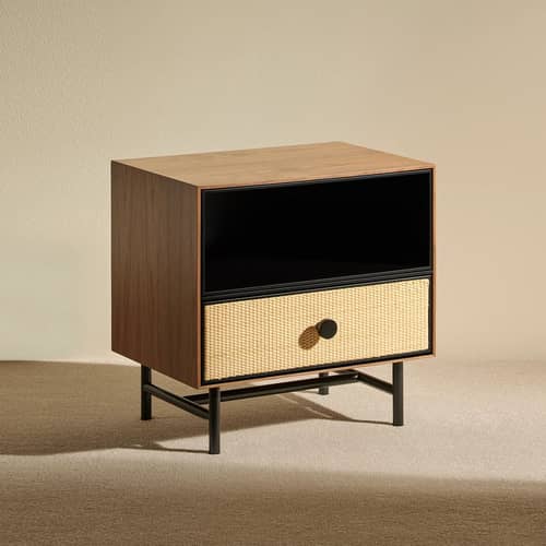 Essence Bedside table wood brown / Rattan - Maison Sarah Lavoine - Walnut & black - Metal, Rattan marrow, Walnut veneer