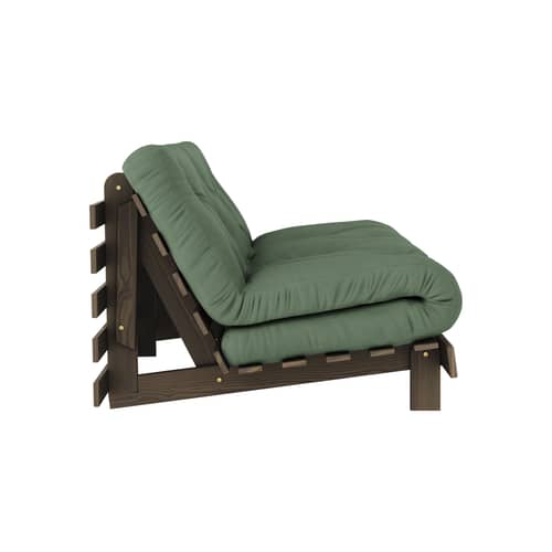 Schlafcouch Roots holz grün / B 160 cm - 3 Positionen / Struktur Braun - KARUP DESIGN - Olivgrün 756 / Holz Braun - FSC-zertifizierte, lackierte Massivkiefer, Gewebe, Recycelte Mischfasern, Schaumstoff