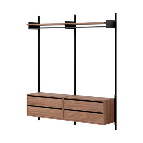 Wandablage  holz braun / Eingangsmöbel - B 163,5 x T 35 x H 190 cm / 4 Schubladen + Kleiderstange - NEW WORKS - Nussbaum & Schwarz - Aluminium, Nussbaumfurnier, Stahl