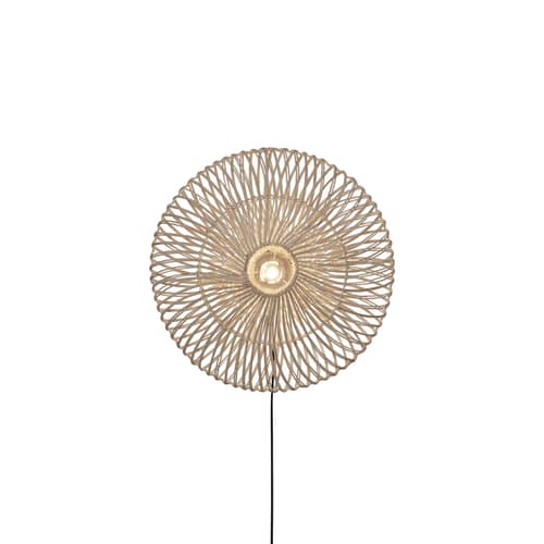 Applique con presa Zanzibar Flat fibre legno bianco rattan bianco / Ø 55 cm - GOOD&MOJO - Bianco - Ferro, Midollino