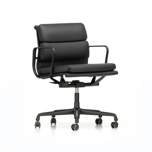 Sessel mit Rollen Soft Pad EA 217 leder schwarz / Mittelhohe Rückenlehne - Leder / Eames, 1969 - Vitra - Schwarz (Leder) / Aluminium schwarz - Aluminium-Druckguß, Leder, Polyurethan-Schaum