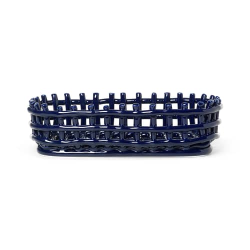 Cesto Ceramic ceramica blu / Ovale - 30 x 15 cm / Fatto a mano - Ferm Living - Blu - Ceramica smaltata