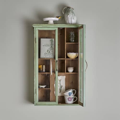 Rangement mural Hazem bois vert / Vitrine compartimentée - L 50 x P 14 x H 80 cm - Bloomingville - Vert patiné - Fer, MDF, Sapin, Verre