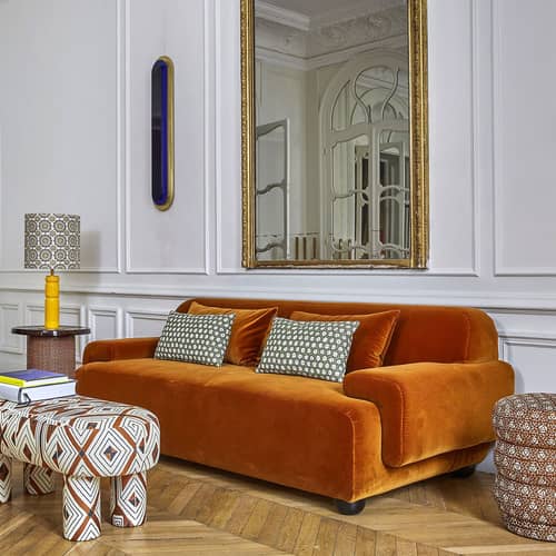 Canapé droit Lena  / L 230 cm - 3 places / Velours Cognac - POPUS EDITIONS - Velours Cognac - Hêtre massif, Mousse HR, Ouate de polyester, Panneaux de particules, Velours
