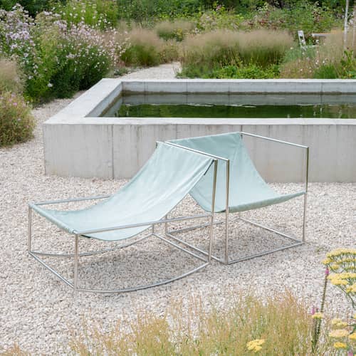 Schaukelstuhl  textil grün OUTDOOR - valerie objects - Grün / Struktur Stahl poliert - Outdoor-Stoff, rostfreier Stahl
