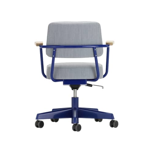 Fauteuil Direction Pivotant Armchair on casters metal textile grey / Jean Prouvé (1951 - Vitra - Bluish-grey fabric (Tress 06) / Blue & oak - Fabric, Polyurethane foam, Solid oak, Steel