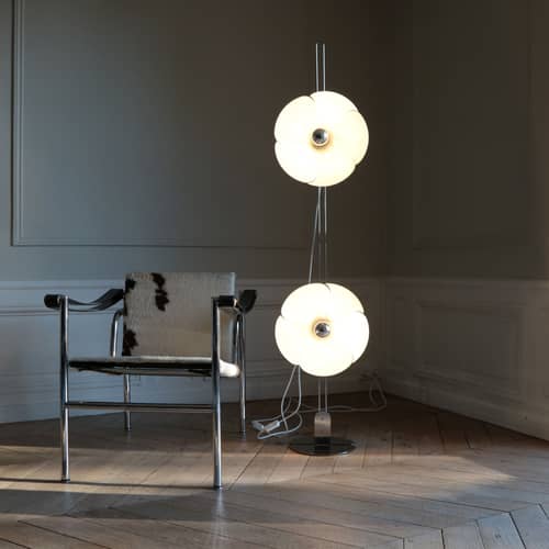 Lampadaire 2093-150 métal blanc / 2 fleurs - Olivier Mourgue, 1967 - DISDEROT - Blanc & acier - Aluminium, Inox poli, Métal laqué