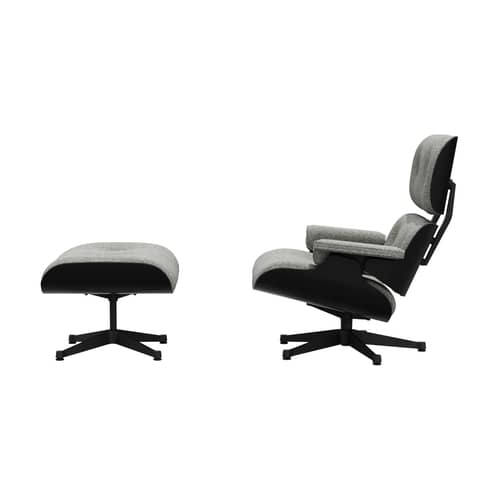 Set fauteuil & repose-pieds Lounge Chair & Ottoman tissu gris / Eames (1956) - Vitra - Châtaignier noir / Gris Salt\'n pepper (tissu Nubia) - Contreplaqué cintré, Mousse polyuréthane, Placage châtaignier laqué, Tissu