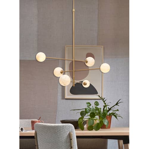 Suspension Carrara métal blanc or / 3 bras & 6 globes - Verre effet marbre / L 99 x H 95 cm / Seconde vie - It\'s about Romi - Blanc effet marbre / Or - Métal, Verre