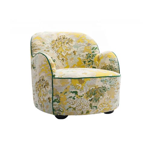 Fauteuil rembourré Celeste tissu jaune vert - POPUS EDITIONS - Motifs / Vert & jaune Citrine (tissu jacquard Marrakech) / Passepoil vert - Hêtre massif, Mousse HR, Ouate de polyester, Panneaux de particules, Tissu