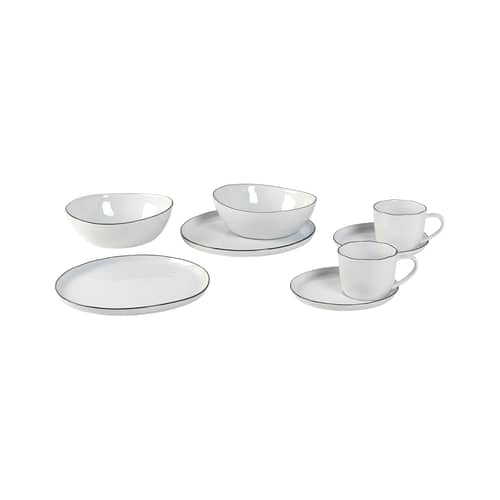 Set vaisselle Salt céramique blanc / Service petit-déjeuner 2 personnes - 8 pièces - BROSTE COPENHAGEN - Blanc / Liseré noir - Porcelaine émaillée