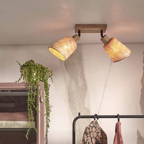 Java Adjustable ceiling spotlight cane & fibres wood beige woven bamboo / 2 adjustable spotlights - L 22 cm - GOOD&MOJO - Natural wood base / Natural - Bamboo, Iron, Woven bamboo