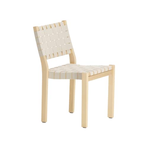 Chaise empilable 611 tissu blanc / Alvar Aalto, 1929 - Sangles en lin - ARTEK - Sangles naturel & blanc / Structure bouleau - Bouleau massif, Sangles en lin