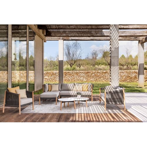 Liege Außenbereich Lento Modular Right textil grau holz natur / L 166 cm - Handgeflochtenes Polypropylenseil - Vincent Sheppard - Graue Kissen / Anthrazitfarbenes Seil / Teakholz - , Aluminium, Massives Teakholz, Schaumstoff, Seil aus Polypropylen