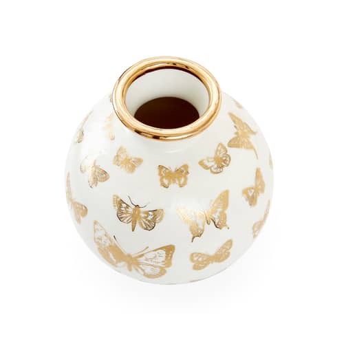Vase Botanist Butterfly keramik weiß gold / Ø 20 x H 23 cm - Porzellan - Jonathan Adler - Schmetterlinge / Weiß & Gold - Porzellan