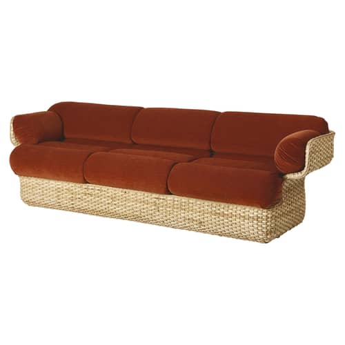 Canapé droit Basket tissu fibre végétale orange marron beige bois naturel / 3 places - By Joe Colombo (1967) / L 233 cm - Gubi - Rouille (Dedar belsuede FR 133) -  Ouate, Mousse, Rotin, Tissu
