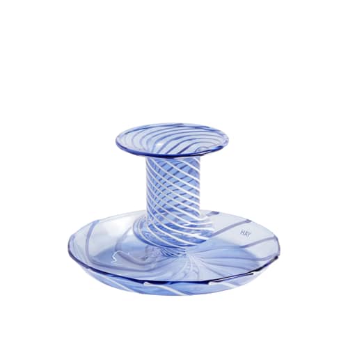 Kerzenleuchter Flare Stripe Small glas blau / H 7,5 cm - Glas - Hay - Hellblau / Weiß gestreift - Borosilikatglas