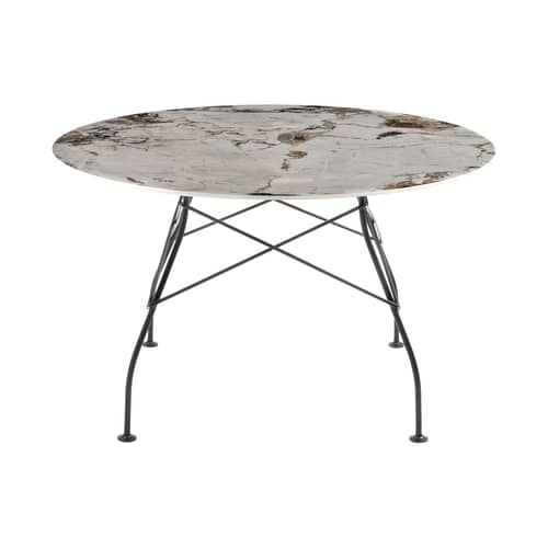 Glossy Marble Round table ceramic stone brown beige / Ø 128 cm - Marble-effect sandstone - Kartell - Brown & beige tones / Black leg - Lacquered steel, Marble-effect sandstone