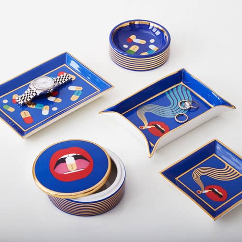 Full Dose Small dish ceramic blue multicoloured / Trinket bowl - 16-carat gold - Jonathan Adler - Blue, red & gold - China
