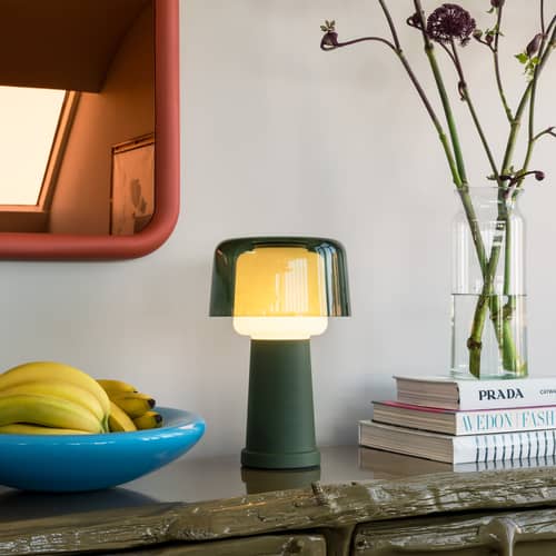 Lampe de table Revolve verre vert - Fatboy - Vert mousse - Aluminium, Verre soufflé bouche