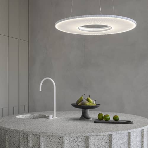 Pendelleuchte Iris Horizontal textil weiß / LED - Ø 80 cm - Dix Heures Dix - Ø 80 cm / Weißer Stoff - Aluminium, Plissiertes Acrylgewebe